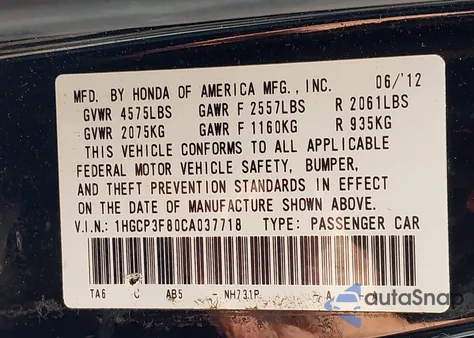 2012 Honda Accord 3.5 Ex-L from USA, damaged, VIN 1HGCP3F80CA037718